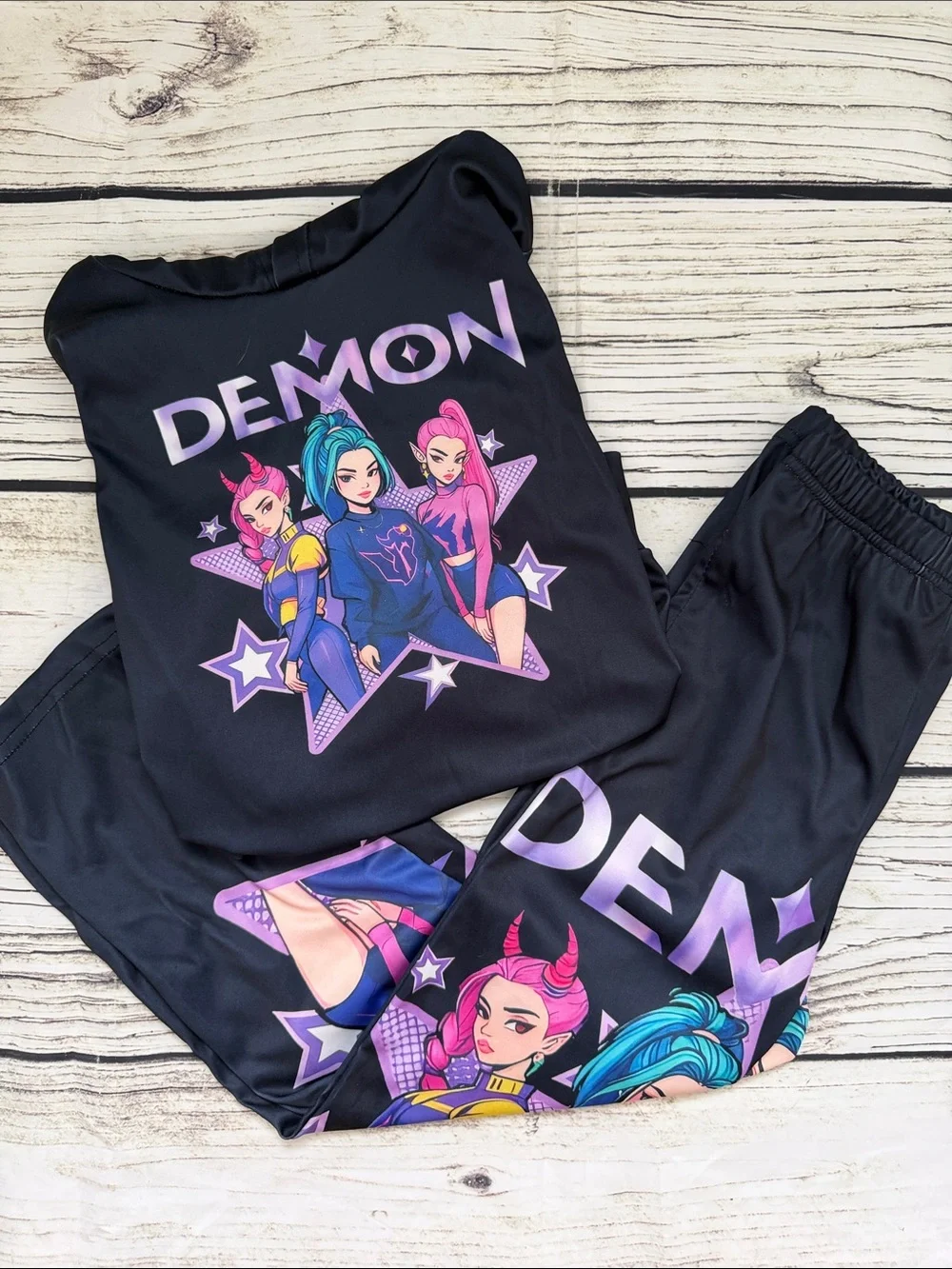 ♡ Kids Unbranded Demon Hunter Graphic Soft Pant Hoodie Set - Black Anime 6/7